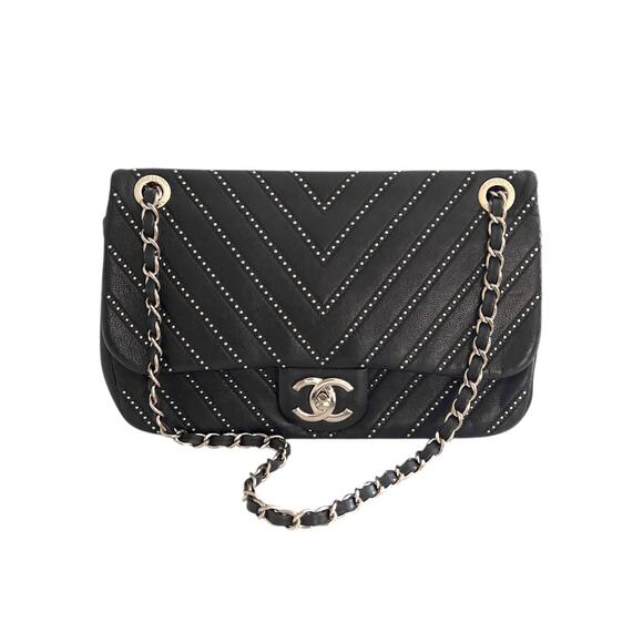 Chanel Calfskin Studded Chevron Medium Stud Wars Flap Black - Picture 1 of 13